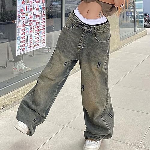 Mxiqqpltky Women Low Waist Jeans Retro Boyfriend Letter Print Denim Pants Y2K Straight Baggy Wide Leg Mom Jeans Streetwear2