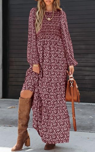 Image of PRETTYGARDEN Women's Fall Dresses 2026 Long Sleeve Flowy Casual Floral Maxi Dress Crew Neck Smocked Tiered Long Dress