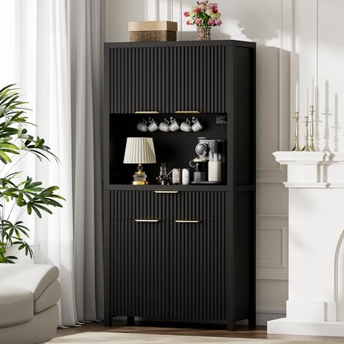 Image of Lulive 71 inch Fluted Pantry Cabinet with Charging Station, Black | Adjustable Shelves, Open Countertop, Drawer, Spacious Kitchen Storage