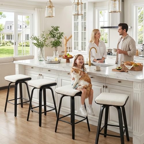 Image of HNY 26 inch Swivel Bar Stools Set of 4, Backless Counter Height Bar Stools with Removable Boucle Cushion, 360 Swivel Wooden Saddle Stools with Footrest for Kitchen Island, Home Bar & Small Spaces, White