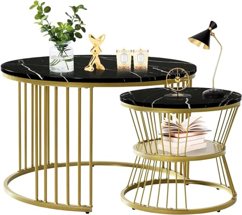 Image of NEST NATURE HAVEN Round Coffee Table, Modern Nestings Table Set of 2, Sofa Side Table with Marble Veneer Top and Metal Frame, End Table for Living Room Bedroom Home or Office (Golden Black)