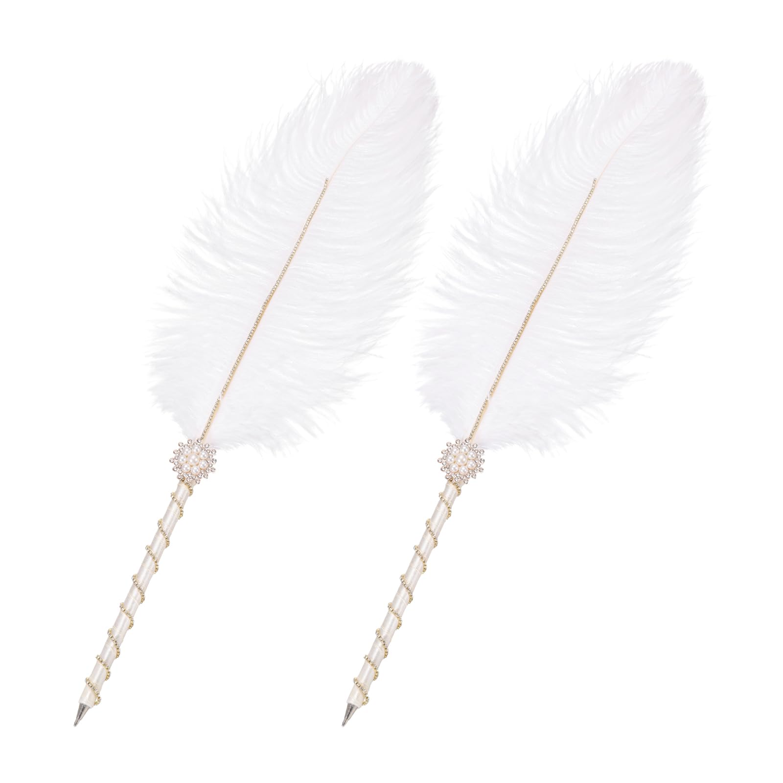 PATIKIL Feather Pen, 2Pcs Ostrich Vintage Feather Quill Pen 1mm Black Ink Signature Ballpoint Pens Fluffy Crystal Pearl Ribbon Design for Wedding Bridal Party Signing Writing, White