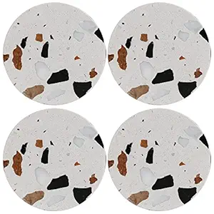 Set of 4 Natural Terrazzo Coasters for Drinks with Metal Holder Stand Natural Stone Cups Place Mats for Home Decor Round White Thick Stone