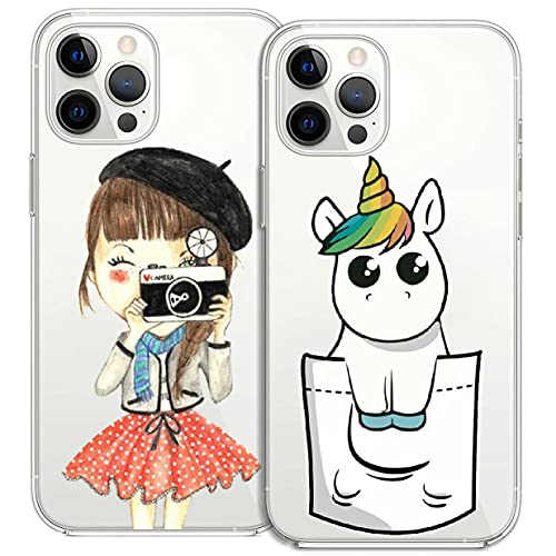 Mixroom - 2 fundas para iPhone 14 Pro Max de silicona TPU transparente fantasía unicornio + niña 329 + 646