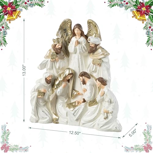 Image of Glitzhome Nativity Figurines Set Indoor Christmas 13 inch H, Gold Ivory White Holy Family Wise Mens Shepherd Angel Sets & Figures, Hand Painted Nativity Tabletop Scenes Xmas Figurines for Home Decor