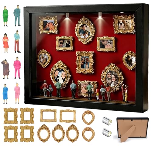 DIY Mini Museum Bilderrahmen, Mini Figuren Menschen Museum Silhouette Box mit Golden Rahmen & LED Licht, Vintage Miniatur Bilderrahmen für Deko Wohnzimmer Schlafzimmer Jahrestag Hochzeit