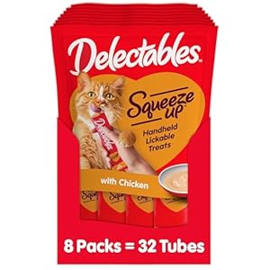Delectables Squeeze Up Creamy Squeezable Puree, Lickable Wet Cat Treats, Grain Free, No Added Fillers, No By-Products, No Added Preservatives, 0.5 Ounces Tube Chicken Flavor, 32 Tubes Total
