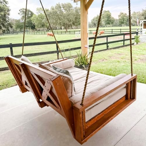 Image of Malvern Twin Wood Porch Swing Bed in Cedar Stain, Amish Handcrafted Daybed Style Swing