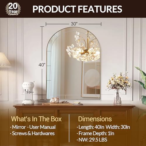 Image of MOON MIRROR Arched Mirror for Bathroom, Bathroom Mirrors for Over Sink, 30x40 inch Brushed Gold Non-Rusting Vanity Mirror in Brass Stainless Steel Metal Frame
