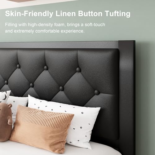 Image of Feonase Twin Size Metal Bed Frame with Faux Leather Button Tufted Headboard, Heavy-Duty Platform Bed Frame with 12 inch Storage, Steel Slats Support, No Box Spring Needed, Noise Free, Matte Black