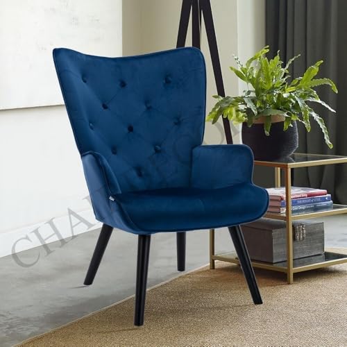 Image of Velvet Wingback Accent Chair for Living Room | Luxury High Back Tufted Armchair with Glossy Metal Legs | Modern Velvet Upholstered Lounge Chair for Home & Office | 1 Pc (Blue)