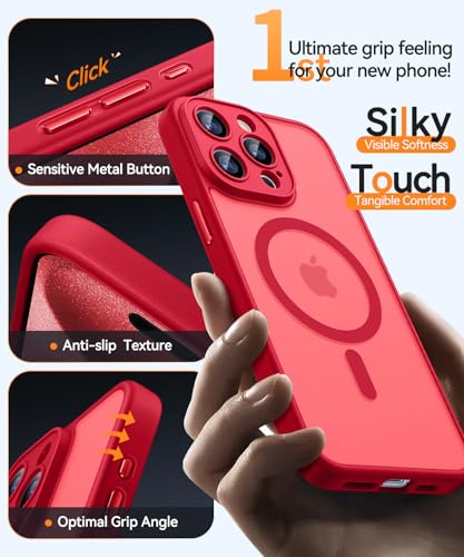 Image of CANSHN Magnetic Compatible with iPhone 15 Pro Case, Upgraded [Full Camera Protection] [Compatible with Magsafe] [Translucent Matte] Shockproof Protective Phone Case Cover 6.1 Inch - Red
