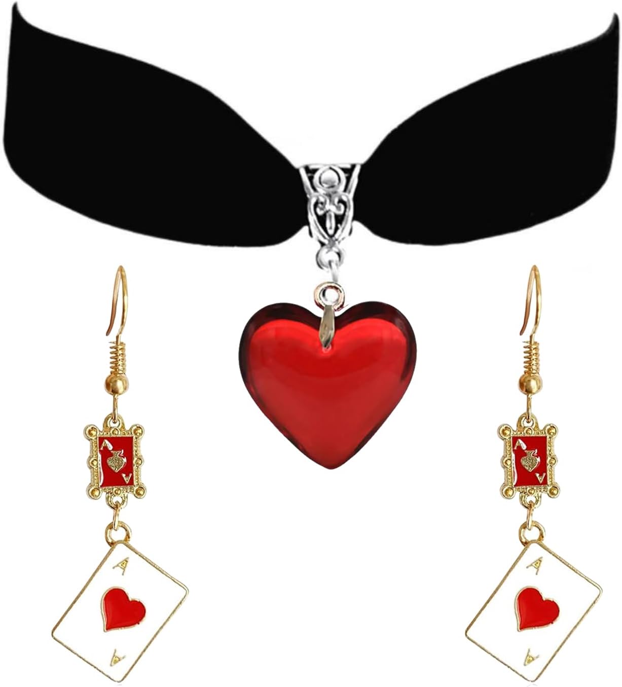 NIQIPOK Queen Of Hearts Necklaces Earrings Set for Women Queen of Hearts Earrings Red Heart Black Choker Necklace Cosplay Accessories Halloween Jewelry