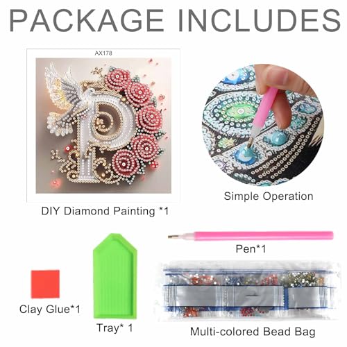 Image of AiYuanzsh 5D Diamond Art Kits for Adults Letter P, Petal-Themed Rose & Dove Floral Special Shape Diamond Painting Kit, DIY Crystal Rhinestones Diamond Art for Adults Craft Wall Display 17x17cm