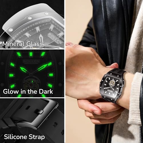Image of Men's Tonneau Watches, Black Stylish Cool Minimalist Quartz Analog Watch | Tonneau Shape, Luminous Hands & Markers, Silicone Band, 30M Water Resistant, 42.5x50.5mm Precision Alloy Case, Ideal Gift