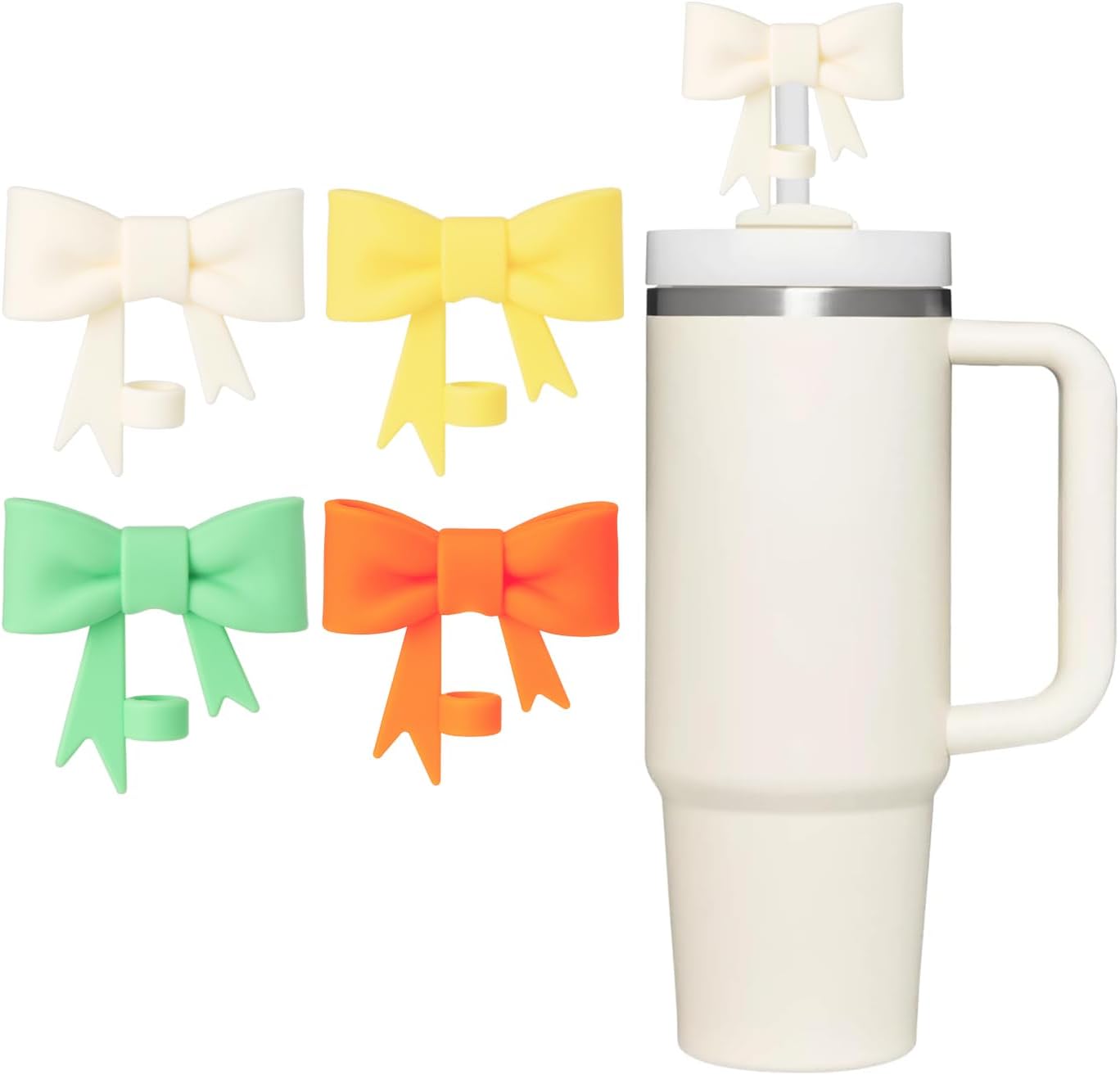 4Pcs Bow Straw Cover Topper for Stanley Cup,Silicone Beige Straws Toppers for Tumbler with Handle 40oz,Cute 10mm/0.4in Covers Cap,Reusable Lids for Stanleys Cups Accessories