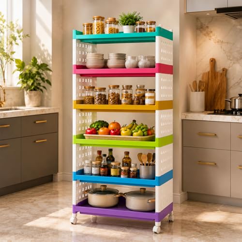 Image of LEOPAX 6 Layers Plastic Rolling Storage Rack | Multipurpose Stackable Storage Rack with Wheels for Kitchen Laundry Room Bathroom Office Home - Multicolor (50 x 30 x 117cm)