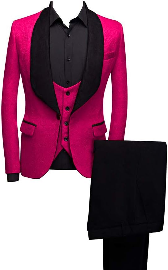 Rdzding Mens Jacquard Suits 3 Pieces Jacket Vest Pants Set Blazer Slim Fit Suit Shawl Lapel Party Formal Jackets