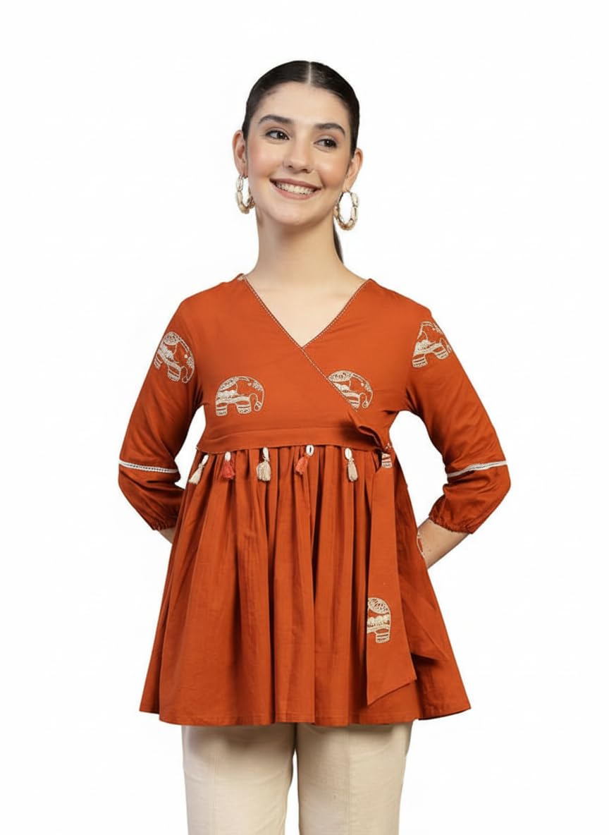 Wrangler Women's Cotton Angrakha Kurti | Elephant Print Peplum Top with Tassel & Cowrie Shells | Ethnic Fusion Short Top in neutral