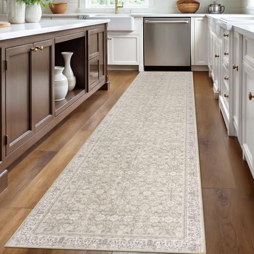 2.6x12 Cream Beige White Grey Washable Runner Rug for Kitchen, Soft Classic Runner with Non-Slip, Non-Shedding Distressed Floral Rug for Hallways Entryway Bedroom Laundry Indoor