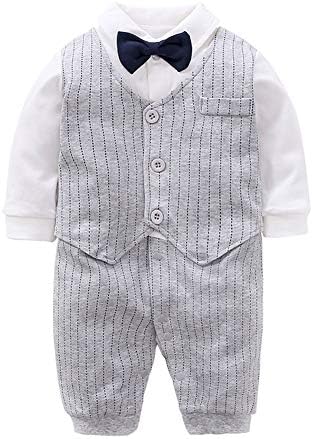 Newborn Baby Boys Long Sleeve Tuxedo Plaid Gentleman Formal Suit Jumpsuit Overall Romper Wedding Outfit