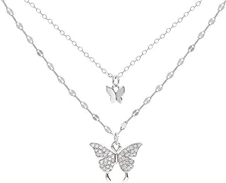 KFRS 925 Sterling Silver Butterfly Necklace for Women Double Layer Clavicle Chain Shiny CZ Necklace Dainty Gifts Party Jew...