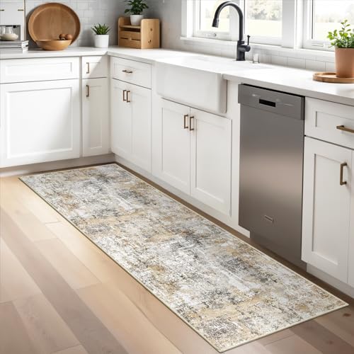 2x5 Non-Slip Washable Runner Rug – Modern Neutral Abstract Small Rug for Hallway, Kitchen, Bathroom, Bedroom, Entryway, Laundry Room – Thin Soft Low-Pile Rubber Backing (Gold Grey)