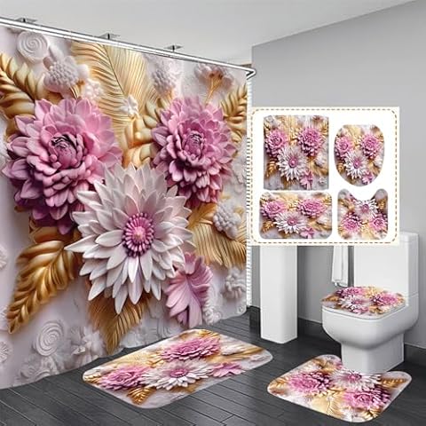 Chrainy 4Pcs 3D Floral White and Pink Shower Curtain Sets Bathroom Set Decor with Non-Slip Rugs Bath U-Shaped Mat Toilet Lid Cover Waterproof Bathroom Curtains Shower Set with 12 Hooks Cover