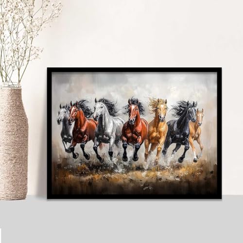 Image of HOTHOUSE Seven Running Vastu Lucky Horse Painting | 7 Horses Vastu Frame Wall Art Painting for Living Room Bedroom Office Home Decor Wall Decor Size (19X25 inch)