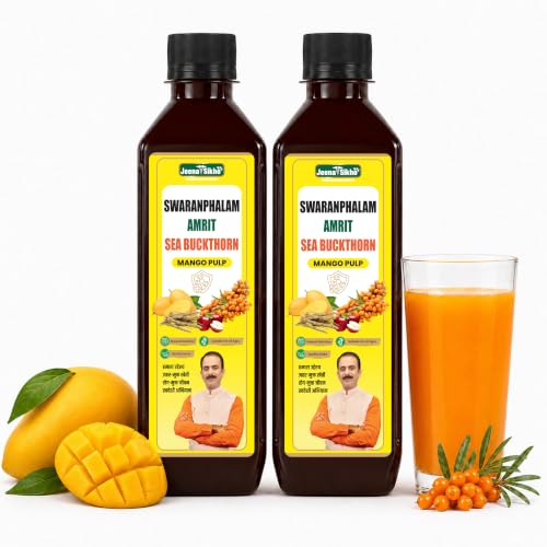 Image of Jeena Sikho Swaranfalam Amrit Sea Buckthorn Berry Pulp /Juice Mango Flavour | Natural Vitamin C, Rich Omega 3 6 7 9, | Ayurvedic Immunity Juice | With Mango & Ashwagandha | Antioxidants For Immunity, Skin Glow & Gut Health, 500 ml, Pack of 2