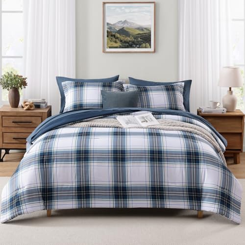 MaiRêve Plaid Queen Size Comforter Set Blue White 7 Pieces Bed in a Bag