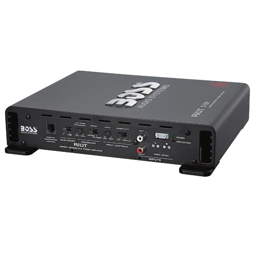 KIT SET PARA BOSS AUDIO SYSTEMS RIOT R1100M 1 amplificador 1 canal monofónico clase ab 1100 watt máx. 1 x 825 watt rms bass boost 0/+18 db con control remoto incluido, 1 pieza