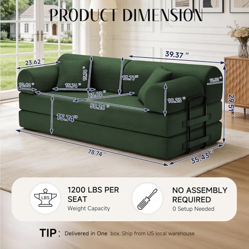 Image of 79'' Convertible Sofa Bed, 6 in 1 Folding Floor Futon Couch Sleeper with Fixed Frame, Corduroy Modular Sofa Bed with Removable Armrests & Pillows, No Assembly for Living Room Bedroom (Green)