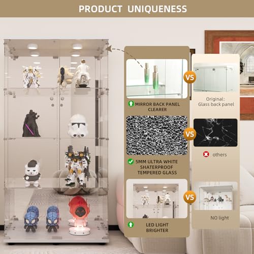 Image of Beauty4U White Glass Display Cabinet with LED&Mirror, 4-Shelf Curio Cabinet