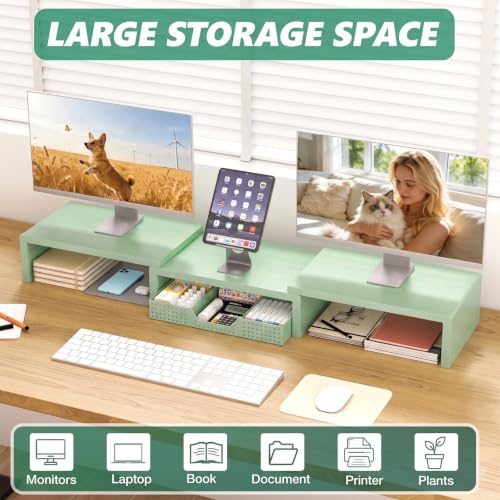 Image of OPNICE Dual Computer Monitor Stand Riser, Desk Organizer with Drawer, Office Desk Accessories & Workspace Organizers for Home Office Supplies, Green