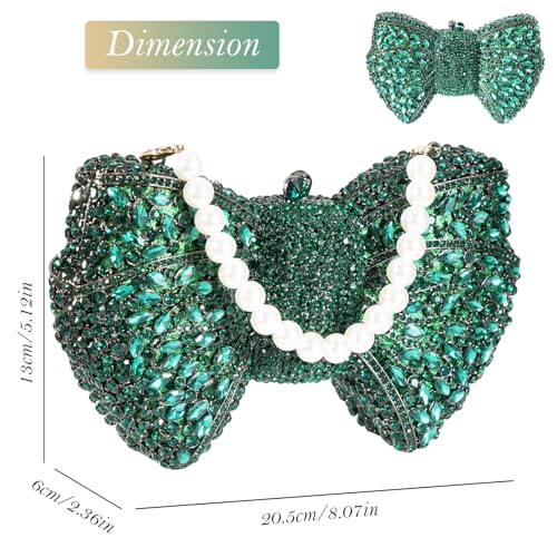 Image of Handmade Inlay Rhinestone Bow Clutch Bag for Women, Sparkling Evening Party Wedding Purse with Detachable Pearl Chain