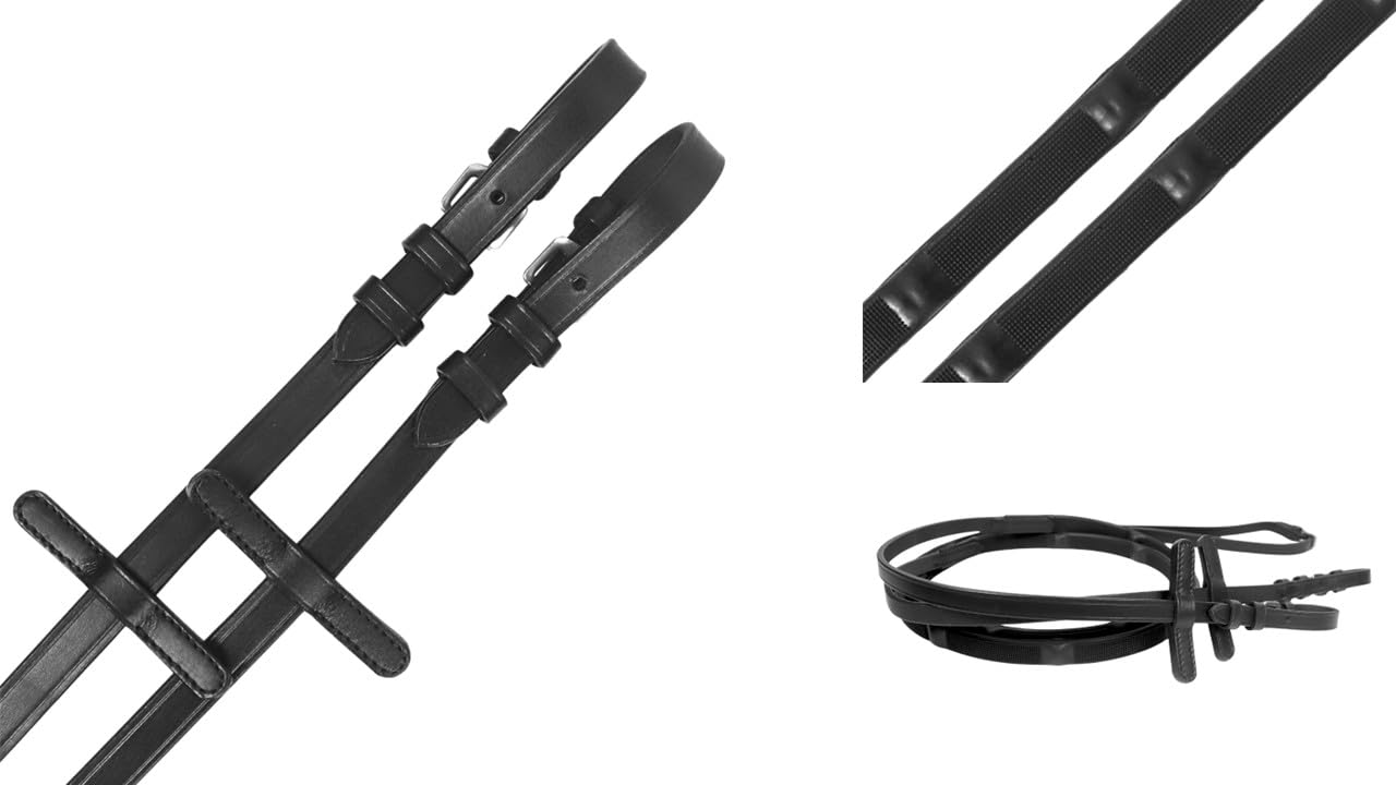 Horse Leather Rubber Grip Reins with Invisible Stoppers, Super Flexible Premium Quality, Stainless Steel Buckle, Black, Brown Extra Full to Pony Size (Black, Cob)