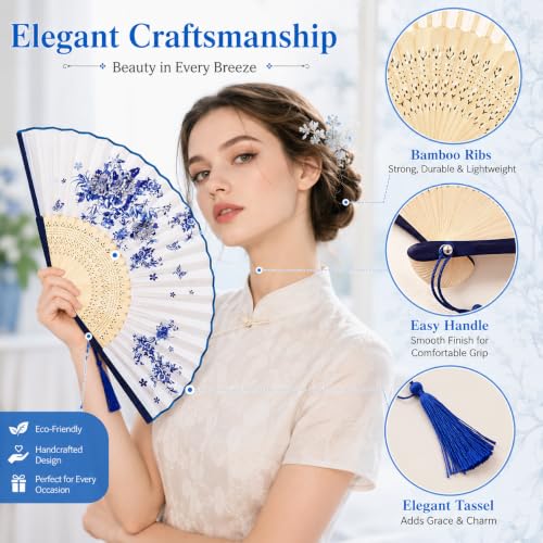 Image of 2 Pcs Hand Fan Manual, Japanese Fan, Chinese Fan for Hand Paper Fans for Decoration for Dancing Cosplay Wedding Party Props Decoration, White and Blue, 10 cm