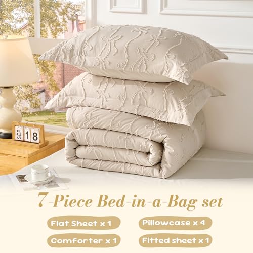 Image of 7 Pieces Bow Tufted Boho Comforter Set Khaki Farmhouse Shabby Chic Embroidered Bedding for All Seasons King Size with Comforter Sheets Pillowcases Shams
