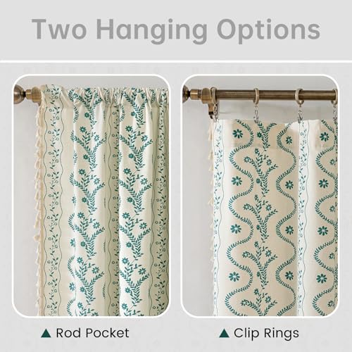 Image of Boho Curtains 72 Inch Long for Living Room, Bedroom, Turquoise White 2 Panels Floral Farmhouse Vintage Tassel Semi Sheer Light Filtering Privacy Window Curtain Drapes with Rod Pocket