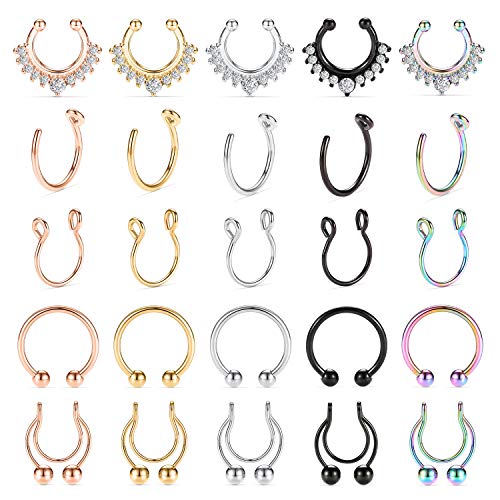 GAGABODY Faux Septum Piercing 25Pcs 20G Fake Septum Nose Hoop 8mm Fakes Nose Piercing Faux Lip Surgical Steel Faux Lip Ear Nose Face Septum Ring Non Piercing Clip On Moon Nose Rings Hoops