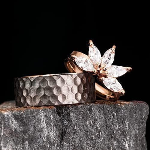 Lotus Flower Silver Wedding Rings Set - His and Hers Couples Rings - Zirconia Stone Inset Wedding Bands for Couples Pair of Rings