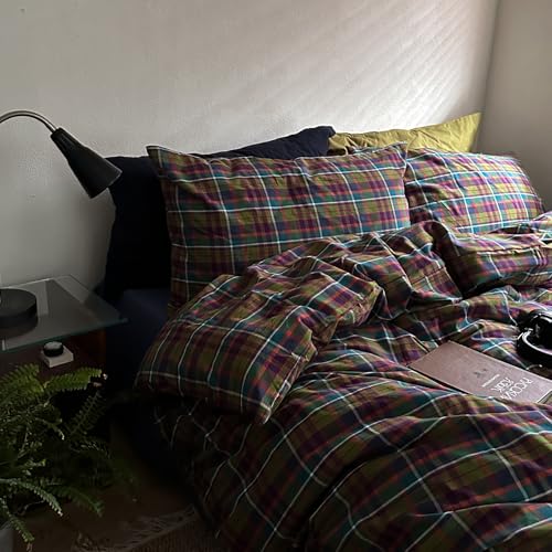 Image of EAVD Vintage Style Buffalo Plaid Duvet Cover King Soft 100% Washed Cotton 3-Piece Colorful Checkered Grid Bedding Set for Women Men Reversible Retro Gingham Comforter Cover with Zipper Closure