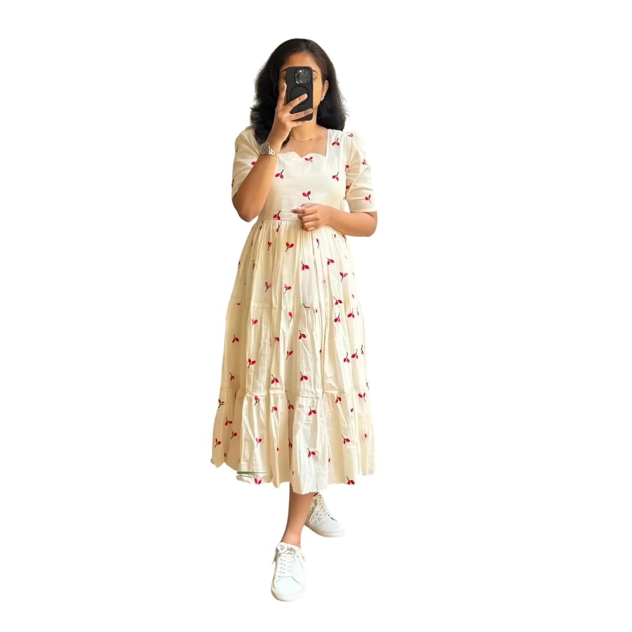 Cherry Pattern Cotton Midi Kurti Dress, White, Puff Sleeves, Tiered Design-image-3