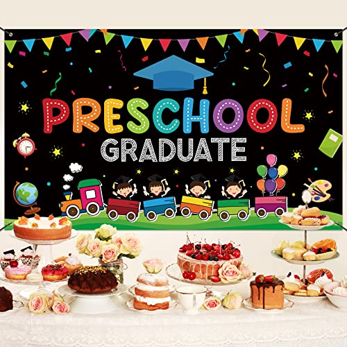 Image of Large Preschool Graduation Party Banner Decorations 72x44 Inch, Kindergarten Graduate Banner Flag Photography Background for Kids Class of 2023 Ceremony Congratulations Grad School Prom Supplies