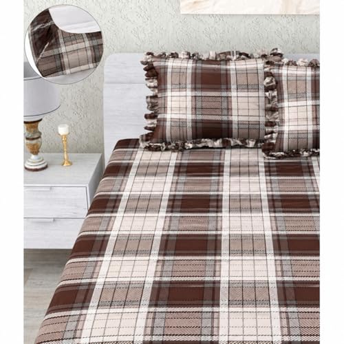 Image of VOMZER King Size (72x78) 300 TC Soft Cotton Feel Microfiber All Around Elastic Fitted Double Bedsheet with 2 Frill Pillow Covers | Coffee Check