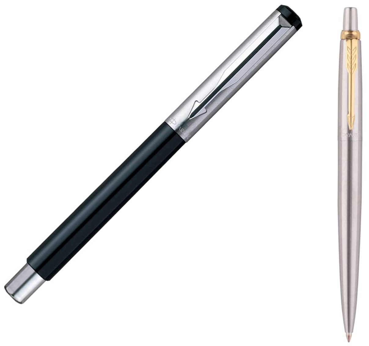 Parker Vector Mettalix Fountain Pen (Black) with Quink(Blue) Ink Bottle Jotter Stainless Steel GT Ball Pen