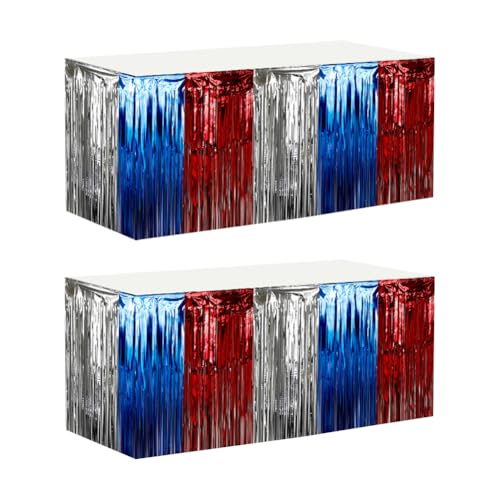 FSSTUD - Lot de 2 jupes de table en feuille métallique à paillettes, bannières de table patriotiques rouges, blanches et bleues, jupes de table rectangulaires à franges en plastique pour décoration