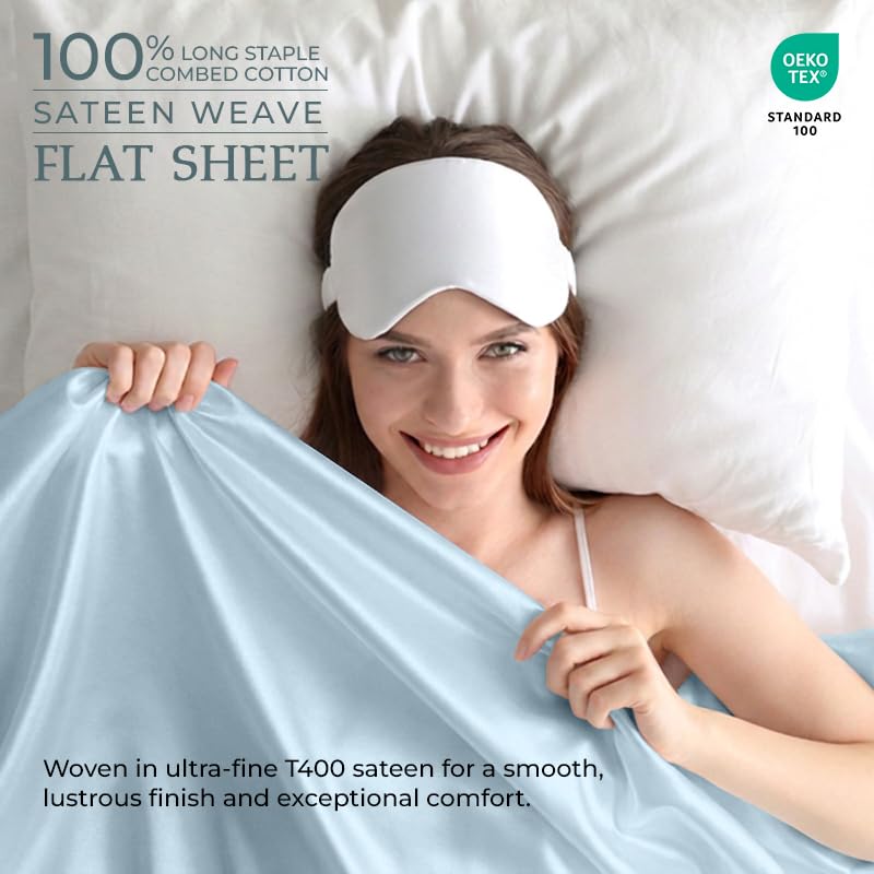 Image of Royale Linen 400 Thread Count 100% Cotton Flat Sheets Only - Cooling Flat Bed Sheets - Queen Flat Sheet Sold Separately - Luxury Sateen Weave - Breathable & Super Soft (Queen, Caribbean Blue)