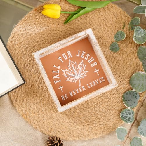 Image of Embossed Orange Fall Leaf Sign, Farmhouse Autumn Decorations, Wooden Fall Tiered Tray Decor for Shelf Cubicle Desk Mantel, Rustic Thanksgiving Table Decor